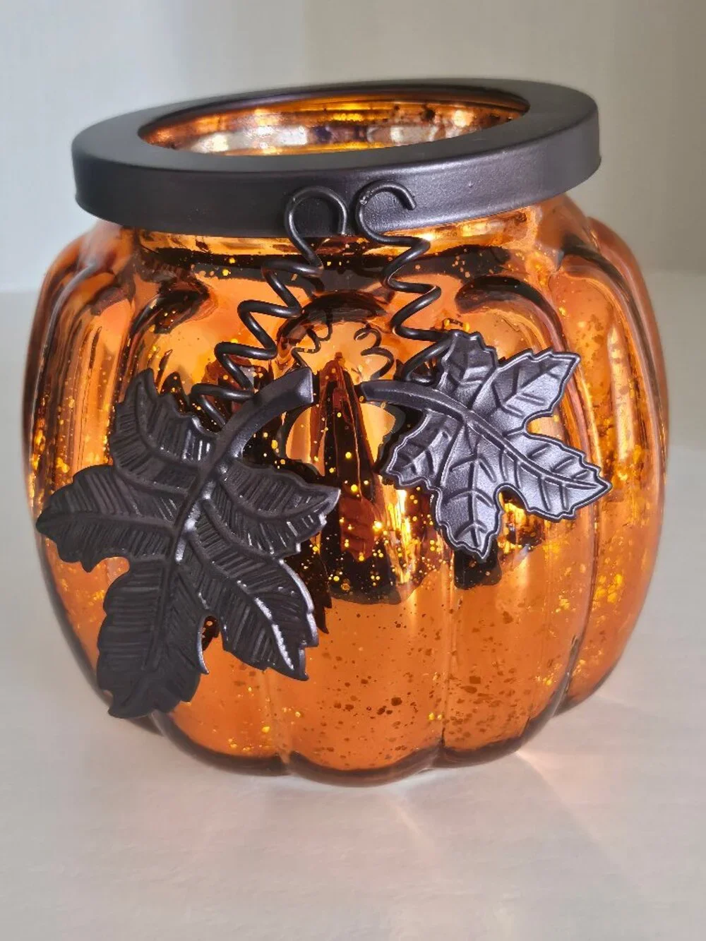 Mercury Glass Pumpkin Candle Holder With LED Votive Light And Bronze Leaf Accent